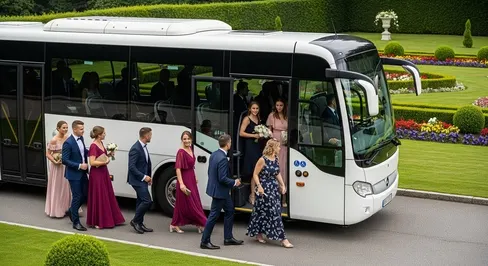 wynajem autokaru na wesele Goście weselni z wsiadają do eleganckiego autokaru